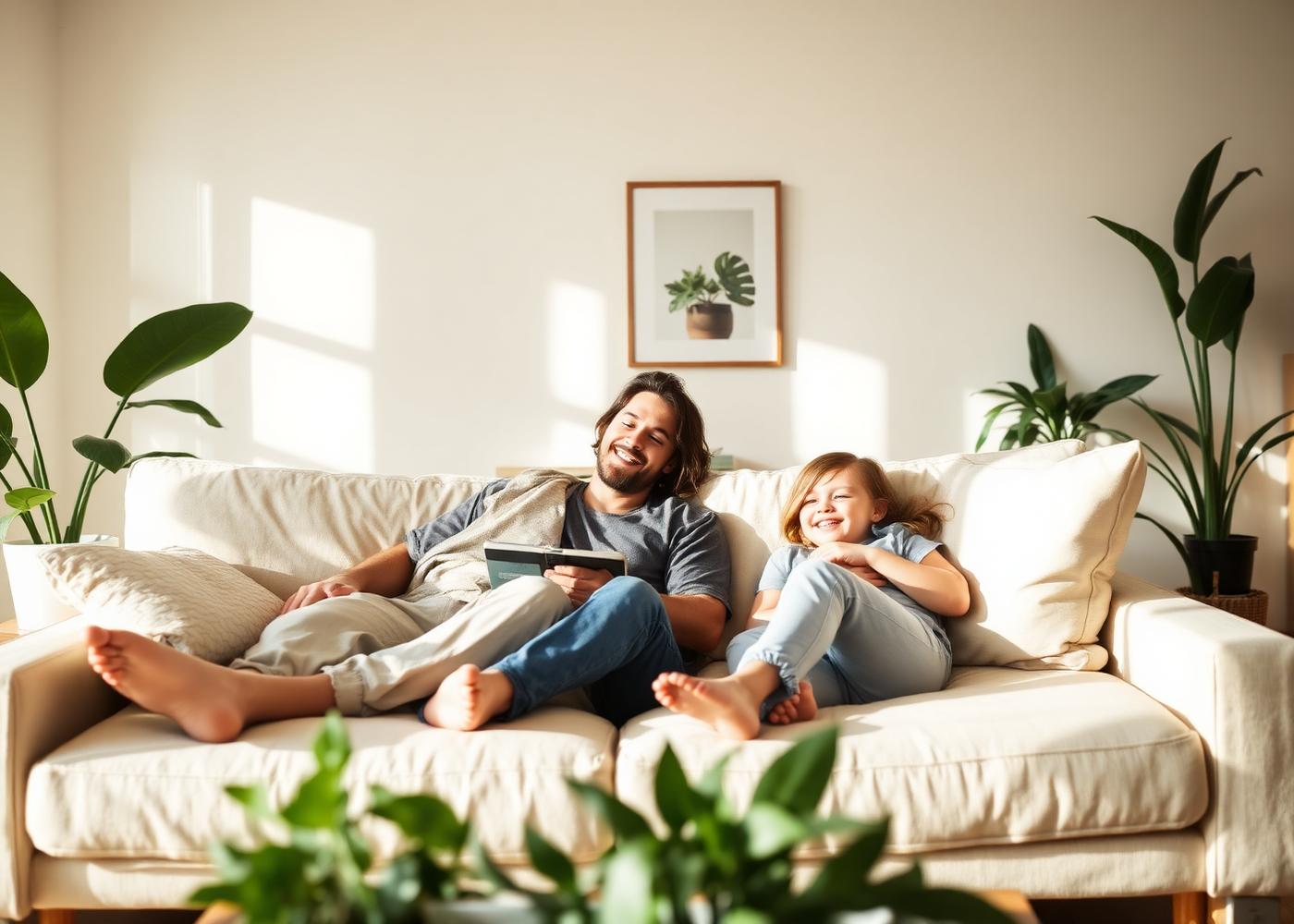 Family relaxing together in a bright, healthy home